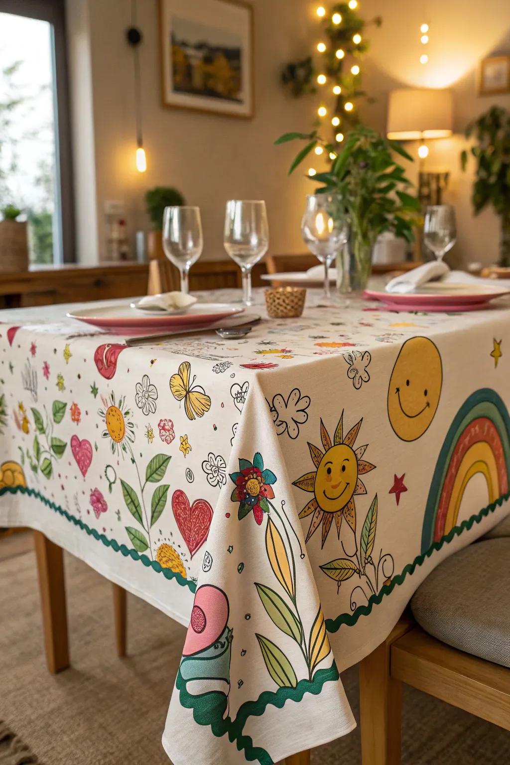 A joyful tablecloth that adds festivity and color to dining experiences.