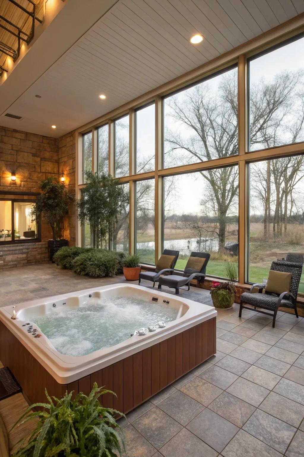 A hot tub room with a seamless blend of indoor and outdoor elements.