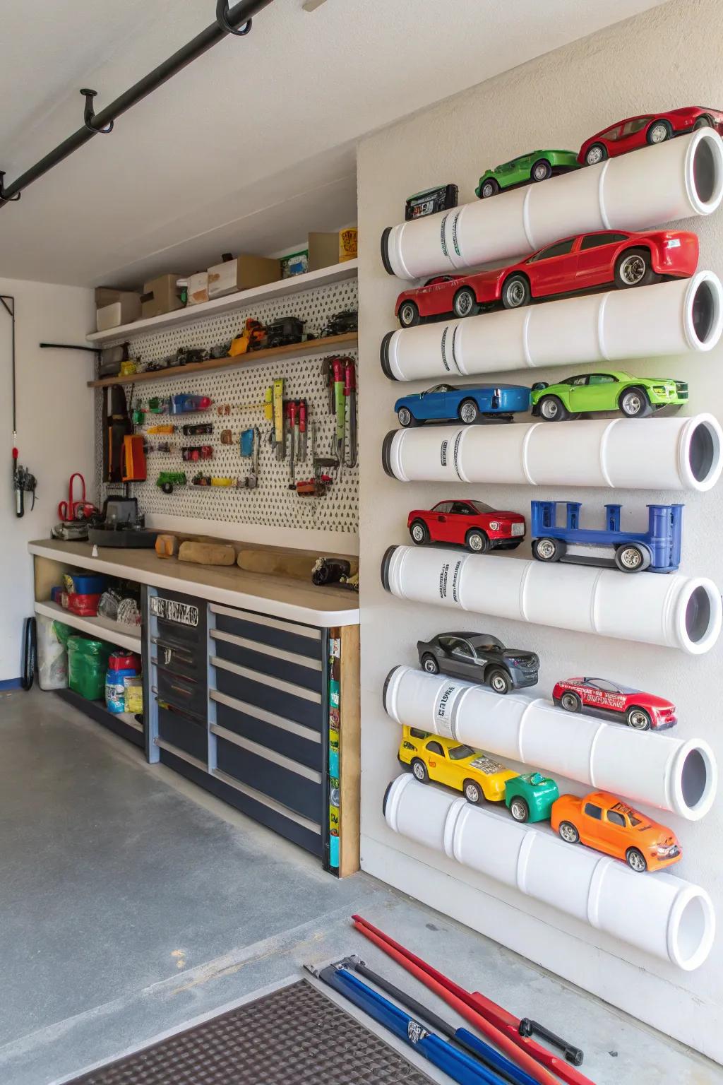 PVC pipes offer a unique and tidy Hot Wheels storage solution.