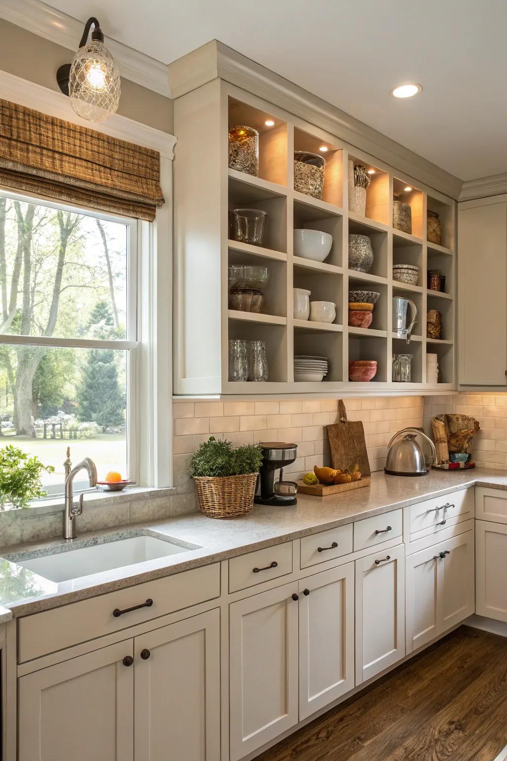 Cubbies offer extra storage and display space above kitchen cabinets.