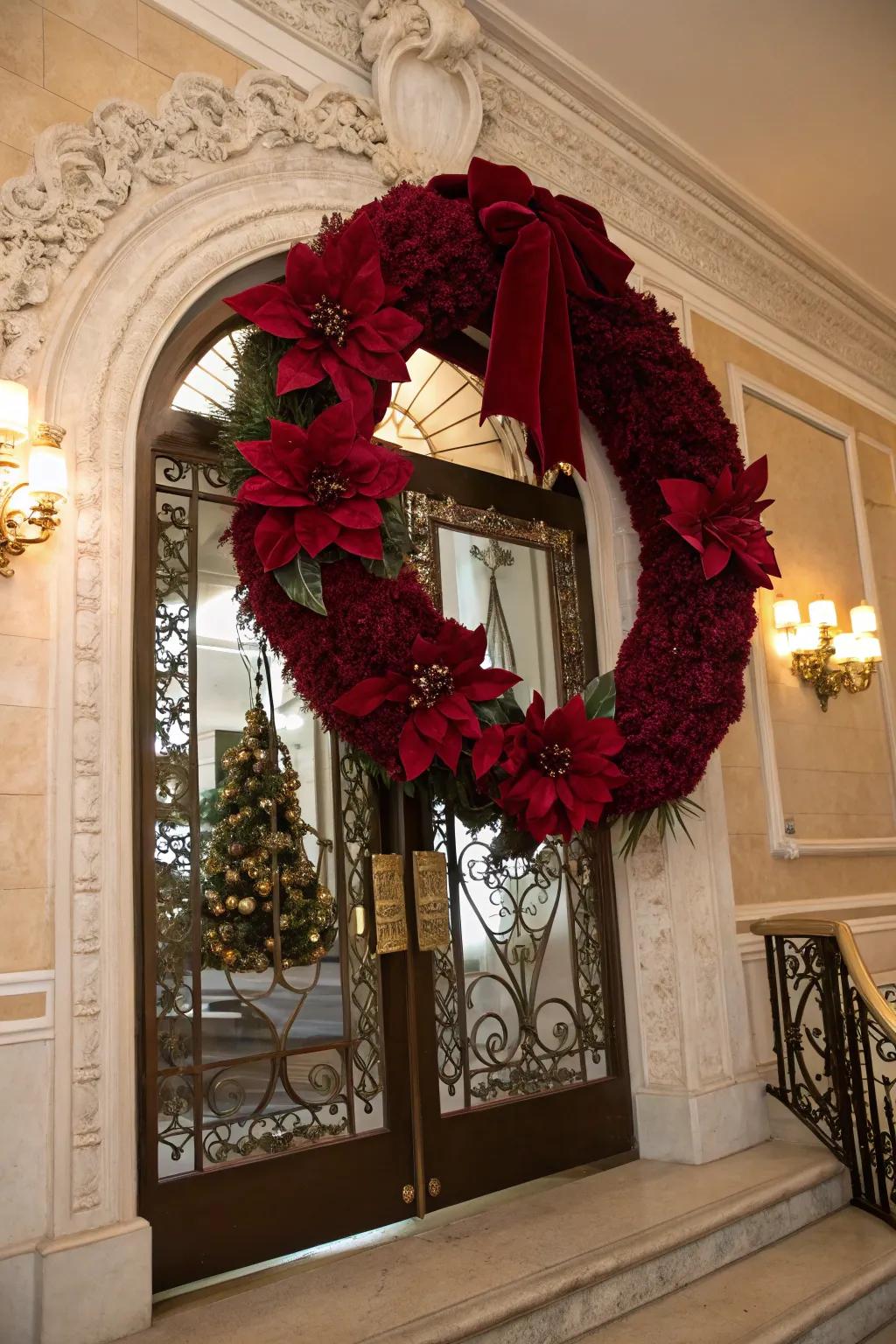 A sophisticated velvet poinsettia wreath on an elegant entryway.