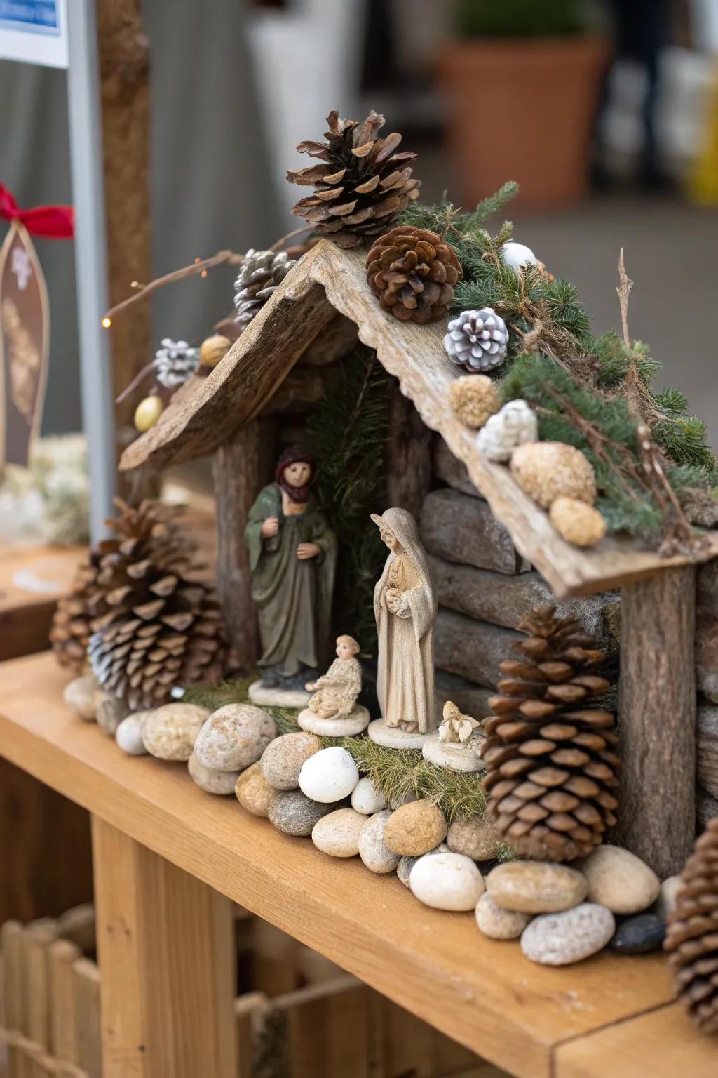 Natural elements bring an earthy and peaceful vibe to the nativity scene.