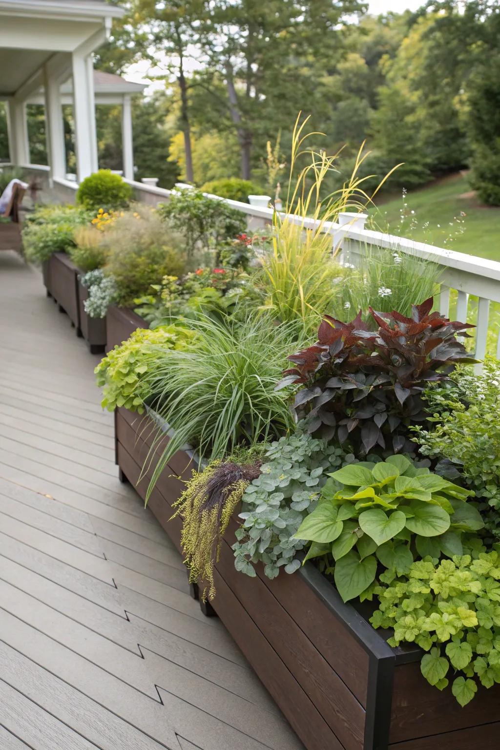 Layered planting provides depth and lushness to the deck’s design.