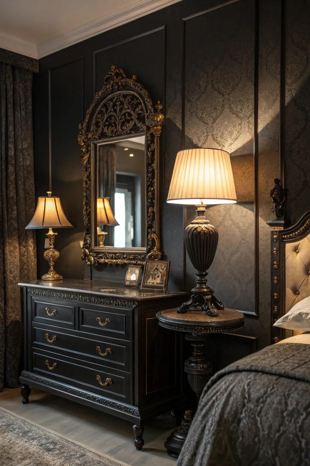 Antique elements add history and character to this black bedroom.