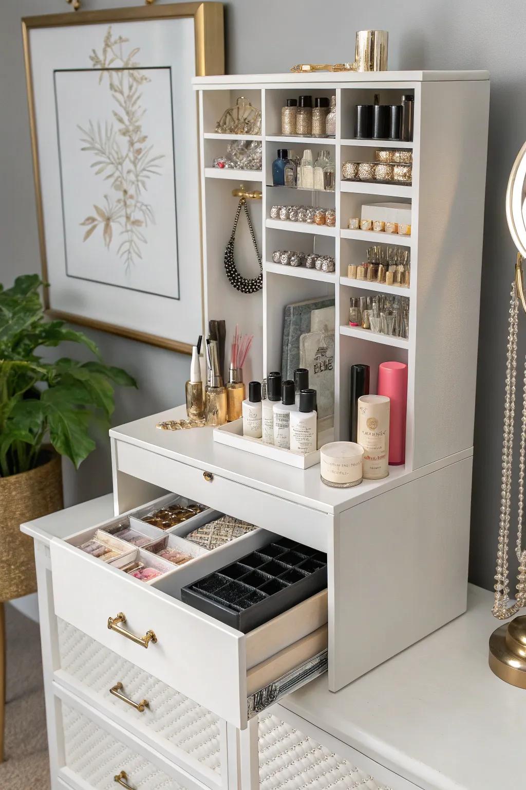 Vertical storage maximizing a small vanity's functionality.