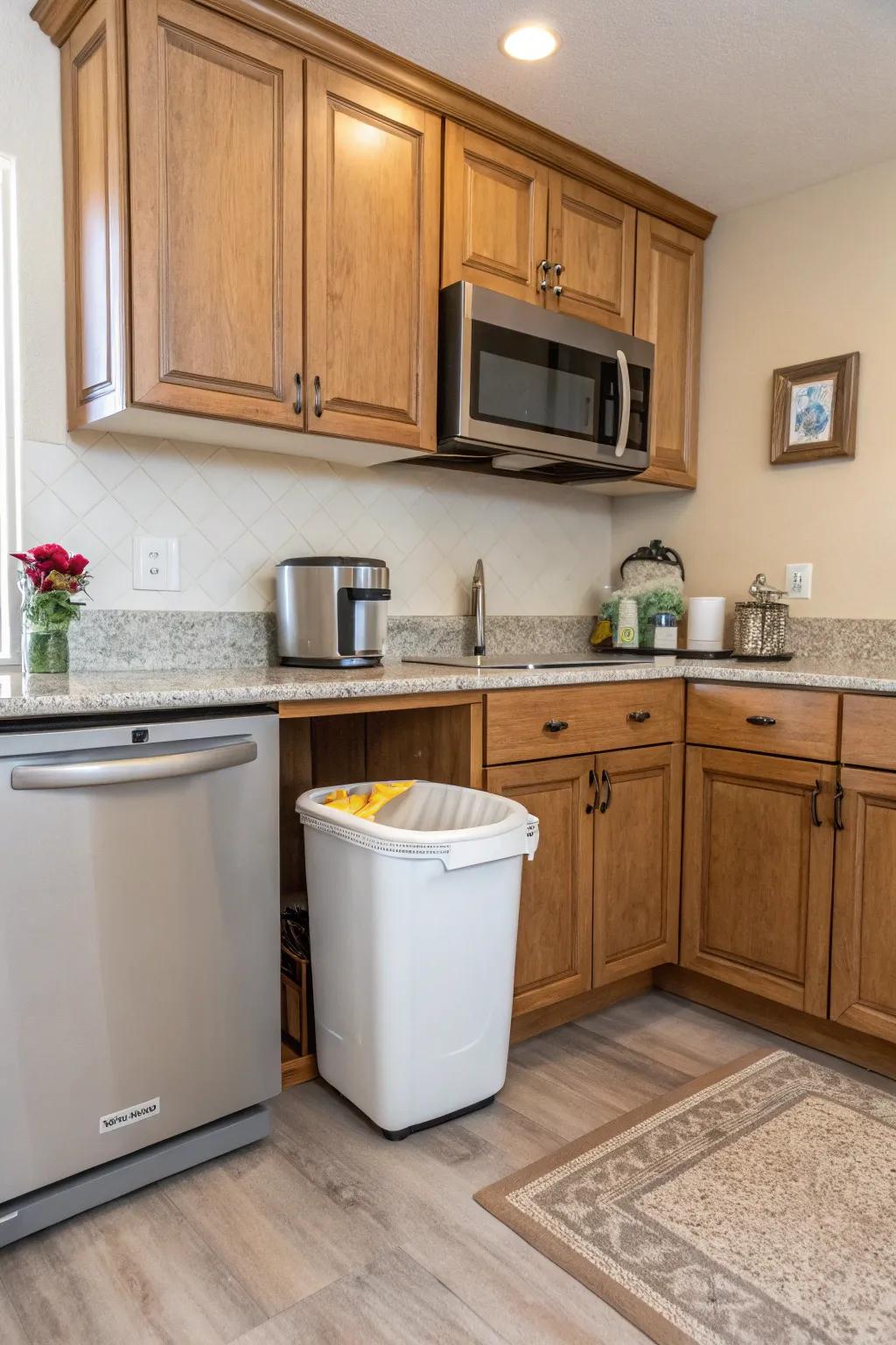 Tuck your trash can into a corner for a clean kitchen look.