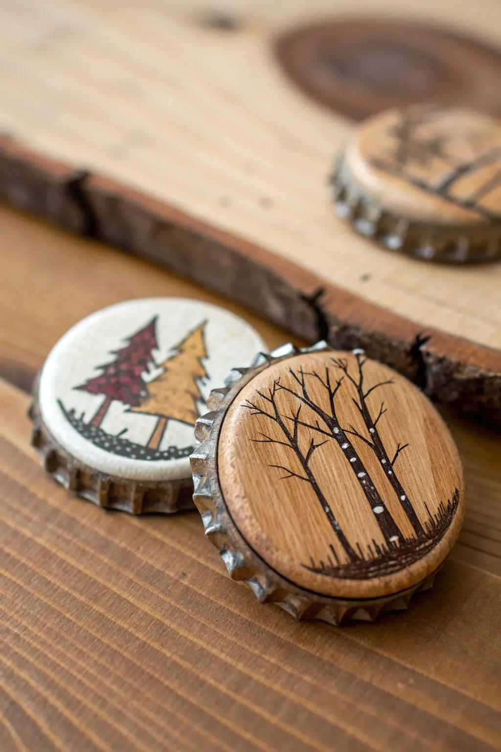 Woodsy-themed bottle cap pins for a rustic and natural style.