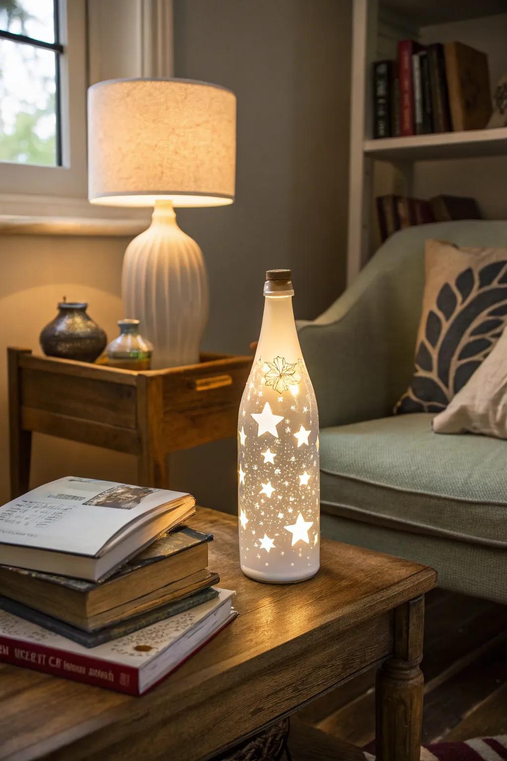 An ethereal glow bottle lamp with frosted patterns.