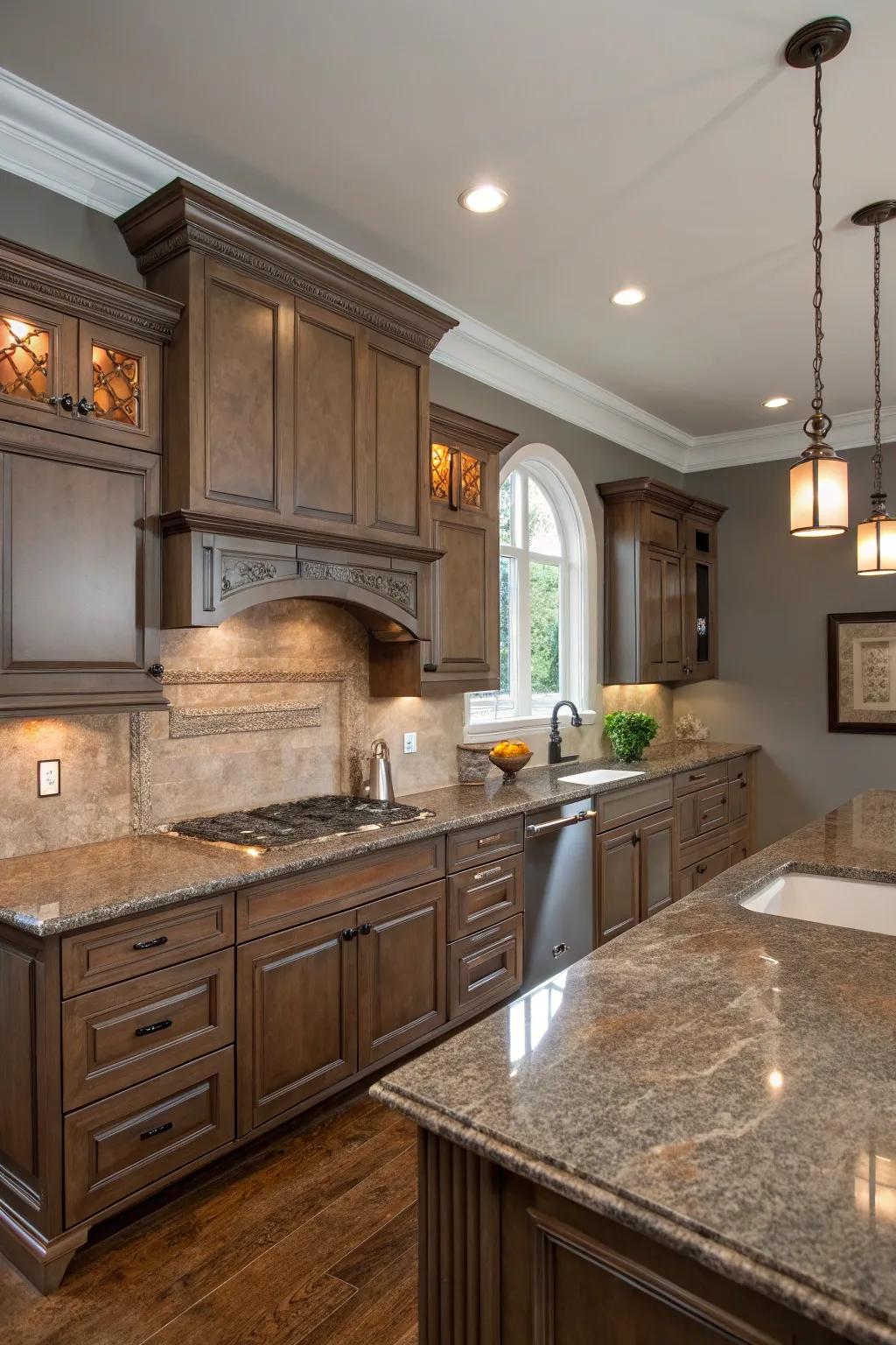 Warm gray walls provide subdued sophistication in kitchens with brown granite.