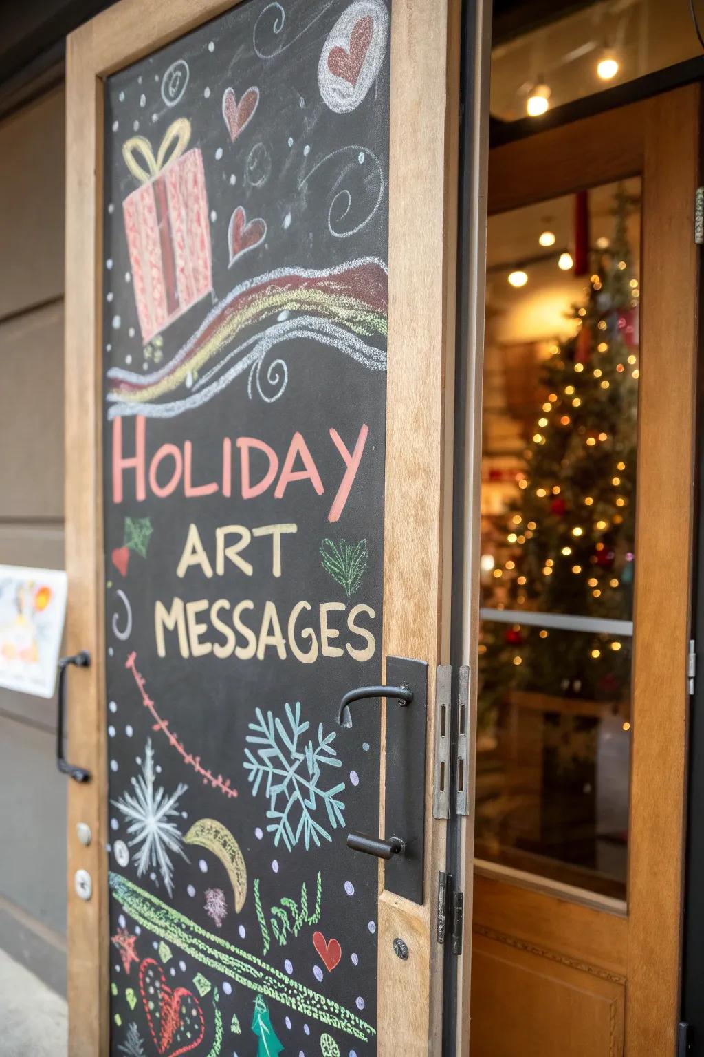 A holiday chalkboard with festive drawings and messages.