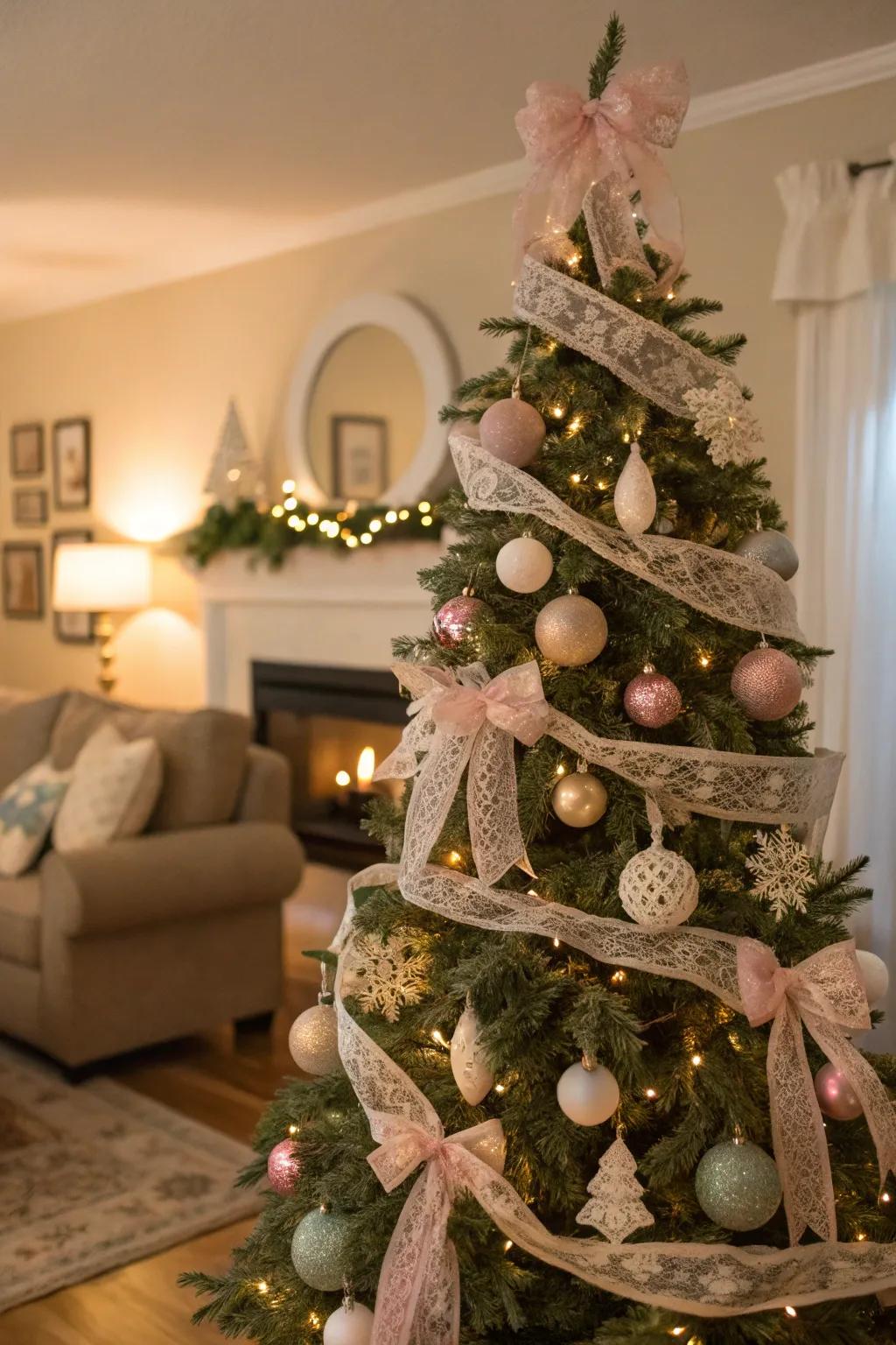 A romantic Christmas tree featuring lace ribbon accents, adding a delicate vintage feel to the decor.