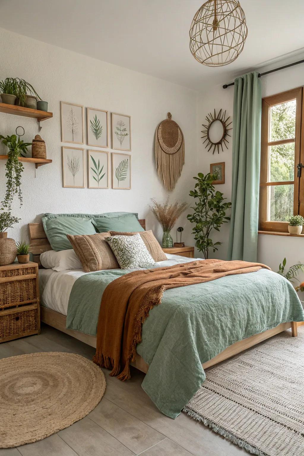 A soothing bedroom with rust and sage green accents.