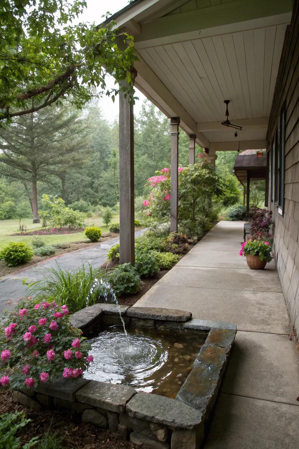 Water features add tranquility to a concrete porch.