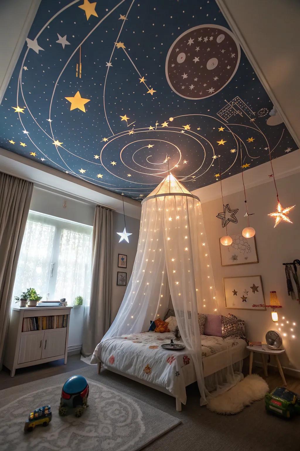 Artistic murals turn ceilings into captivating canvases.