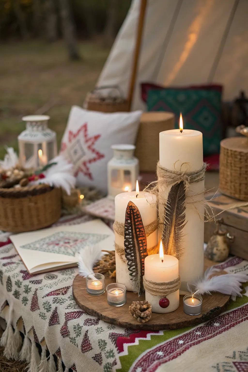 Whimsical candles adorned with feathers for a unique look.