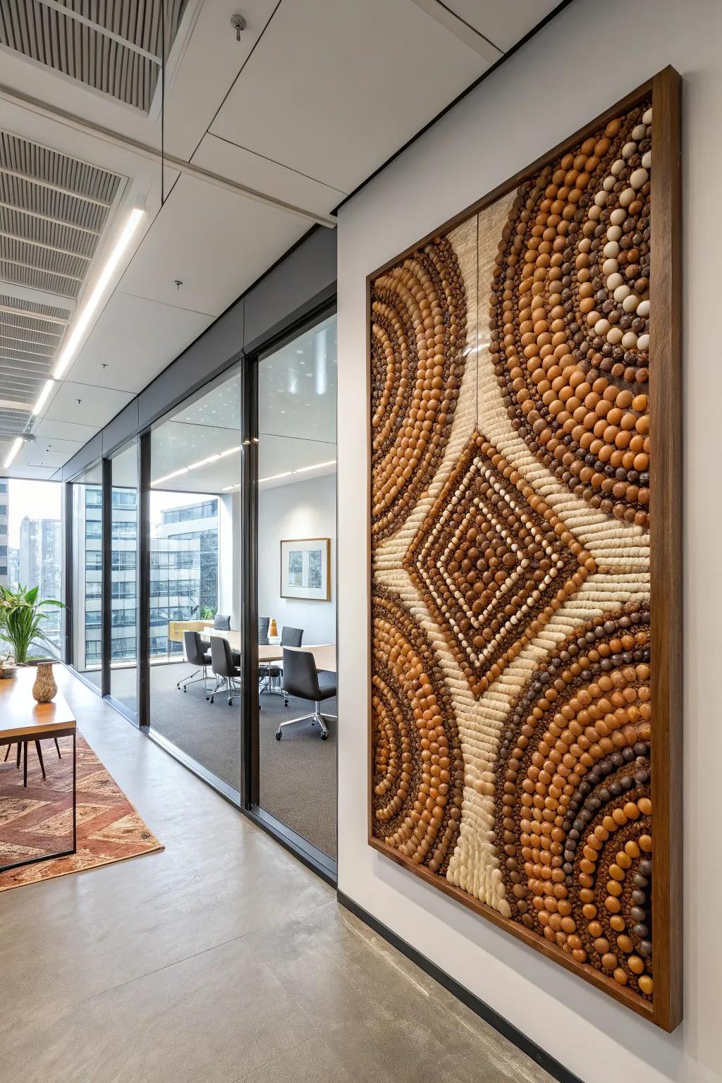 A unique wall art piece designed with wooden beads.