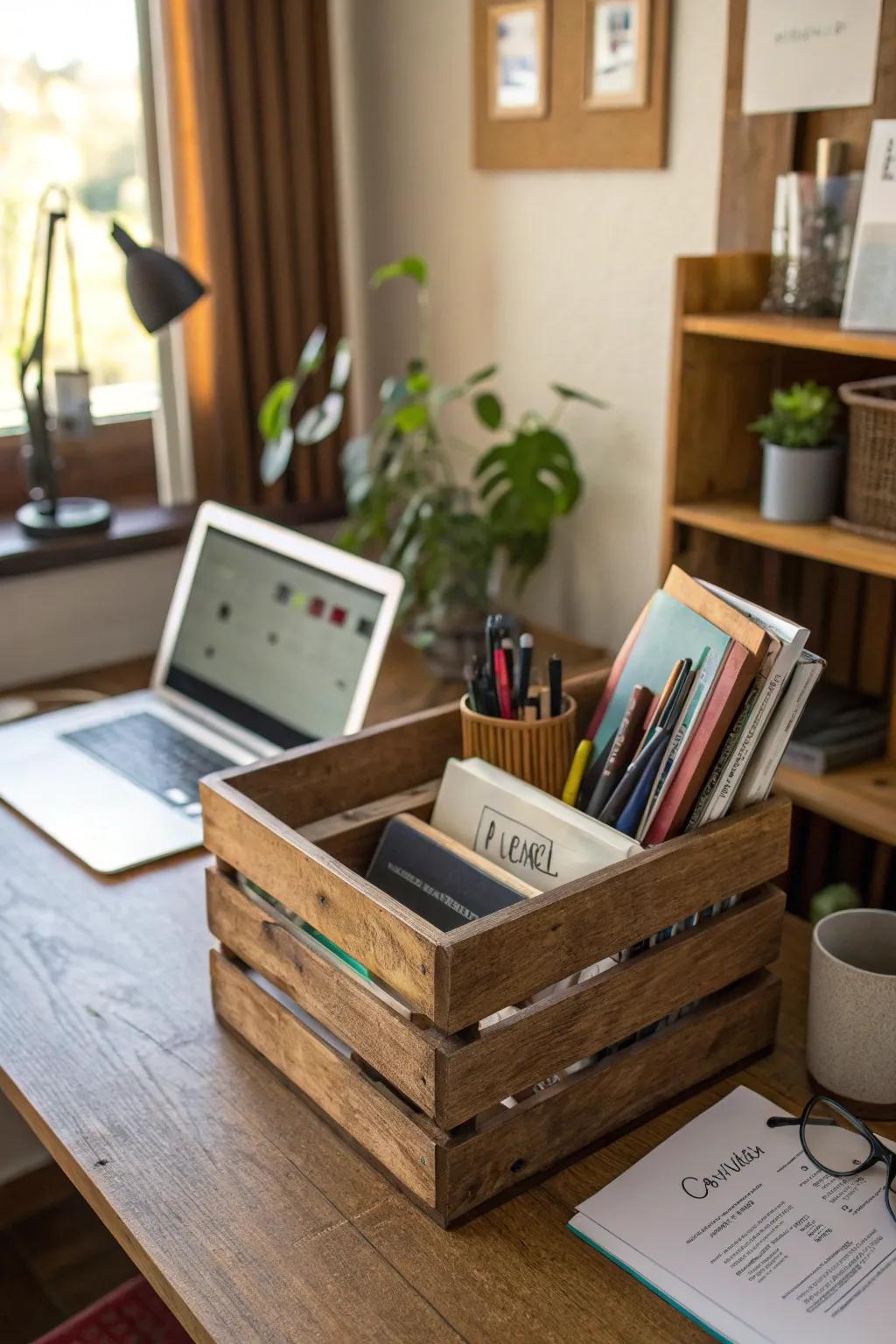 A wooden crate office supply caddy keeps workspaces tidy.