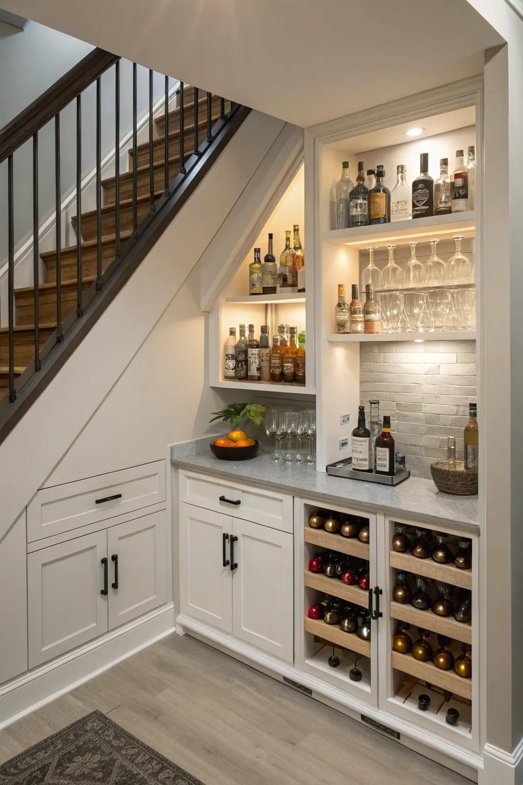 An under-stairs nook becomes a cozy and stylish liquor storage area.