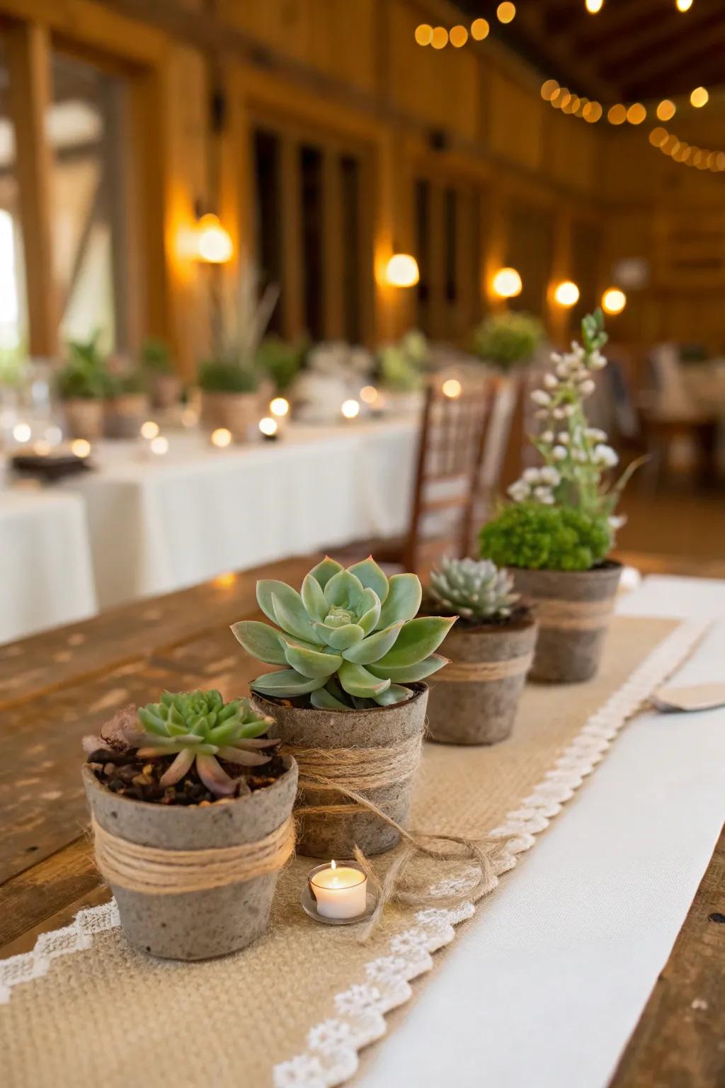 Practical potted plant favors adding greenery to your wedding decor.