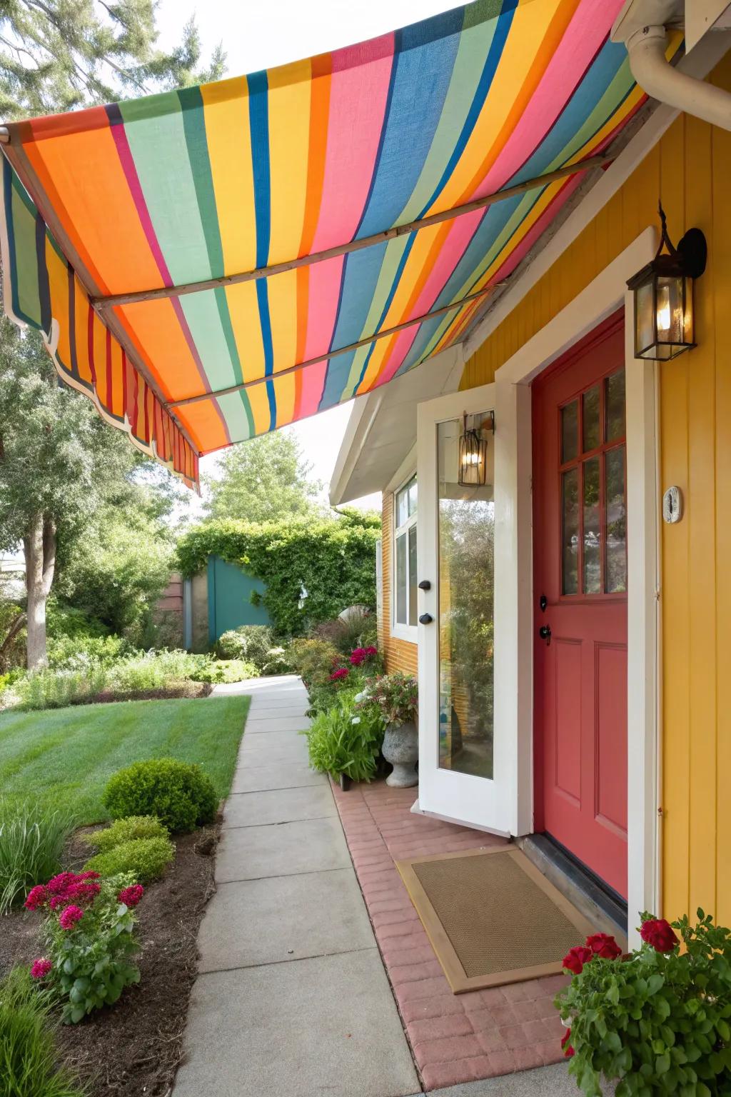 Colorful fabric awnings add vibrancy and protection to entrances.