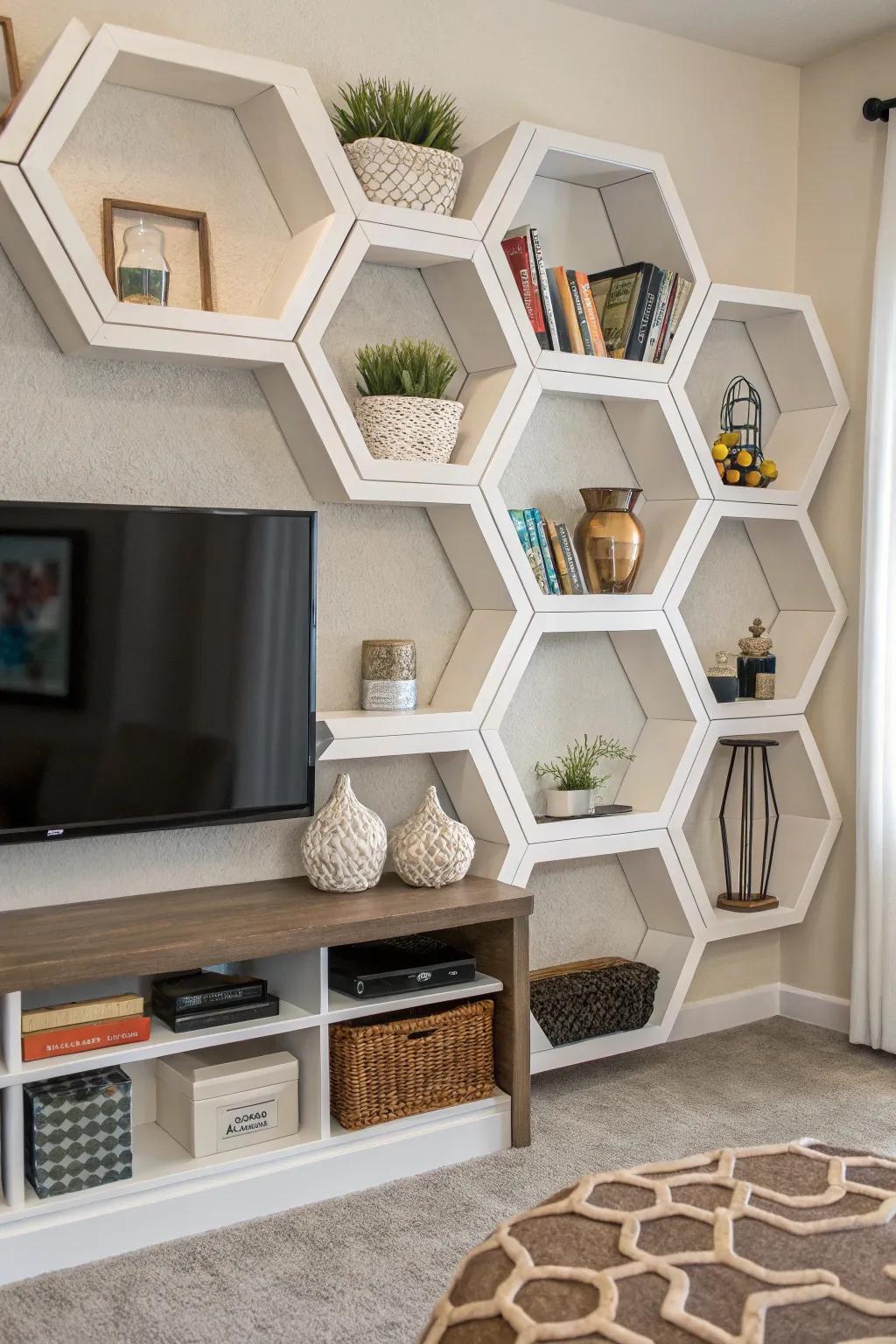 Geometric shelving adds a modern edge to this entertainment center.