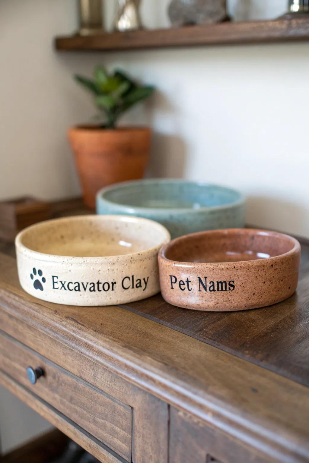 Custom pet bowls crafted from excavator clay, each personalized with pet names.