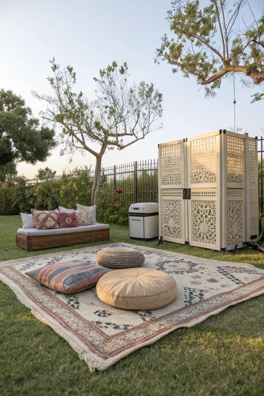 An outdoor rug adds warmth and helps divert attention from the generator.