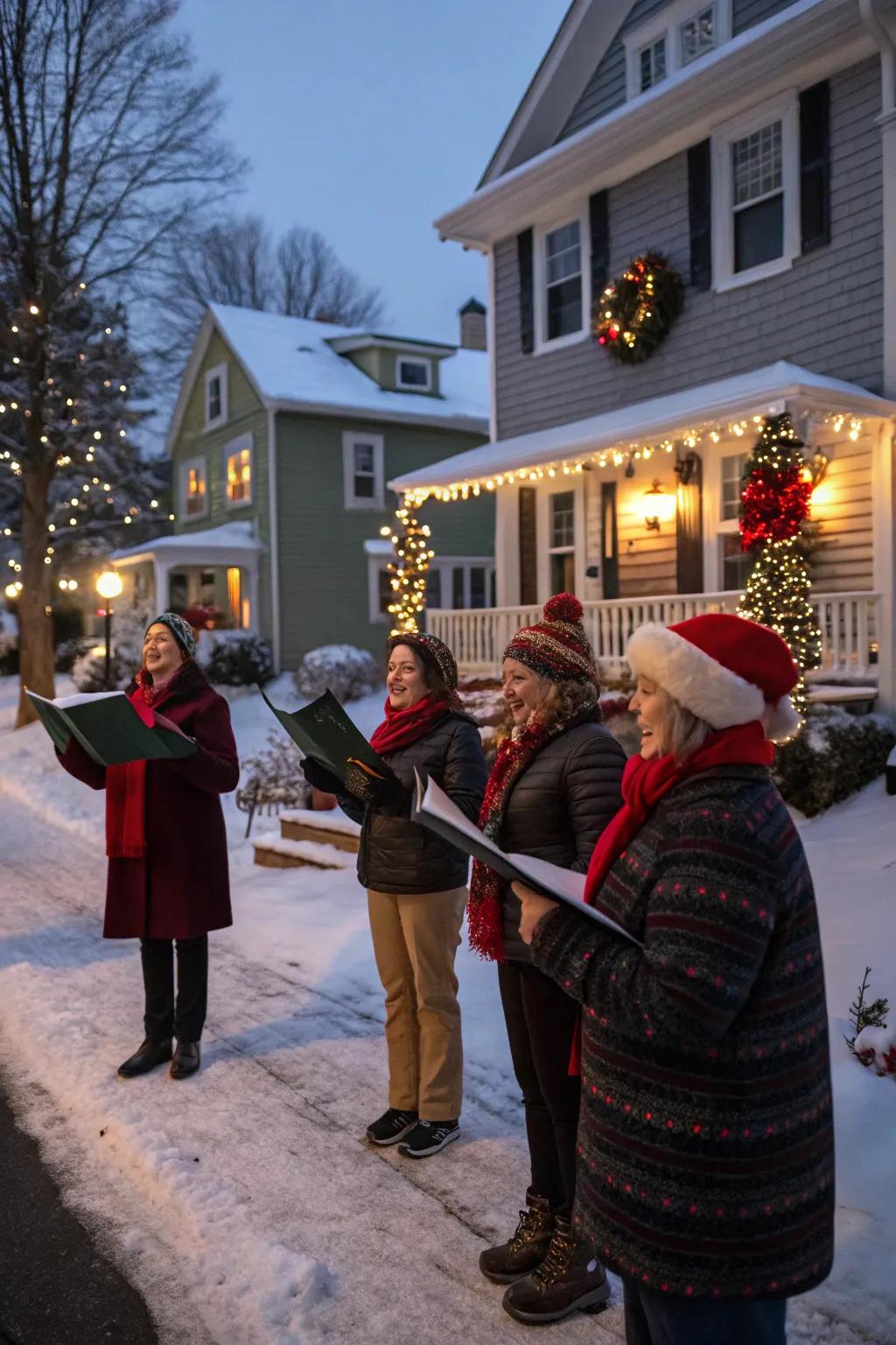 Spreading holiday cheer through Christmas caroling.