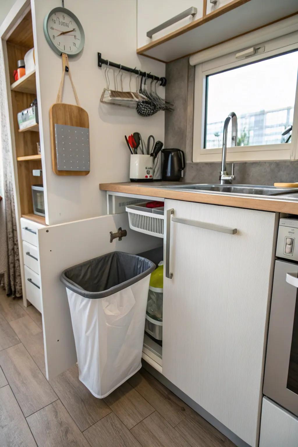 A hanging trash can saving floor space in a small kitchen.