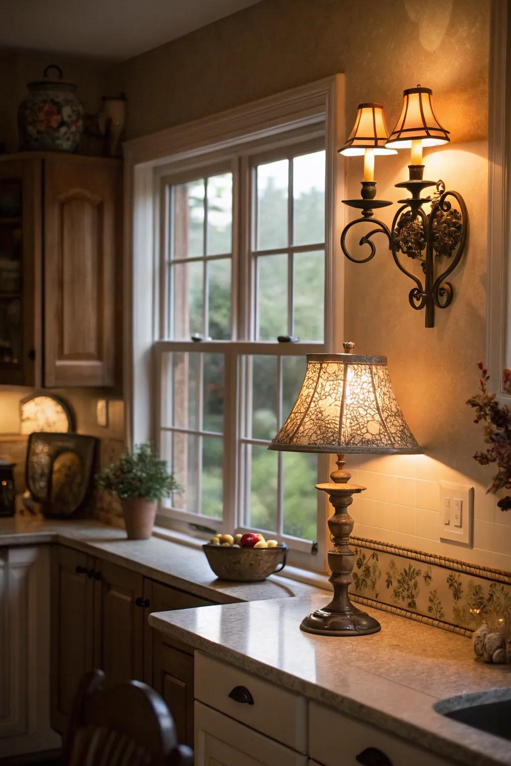 Lighting around the window adds warmth and function to the kitchen.