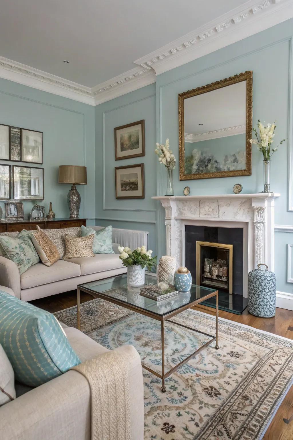 Powder blue walls provide a serene and calming backdrop in this living room.