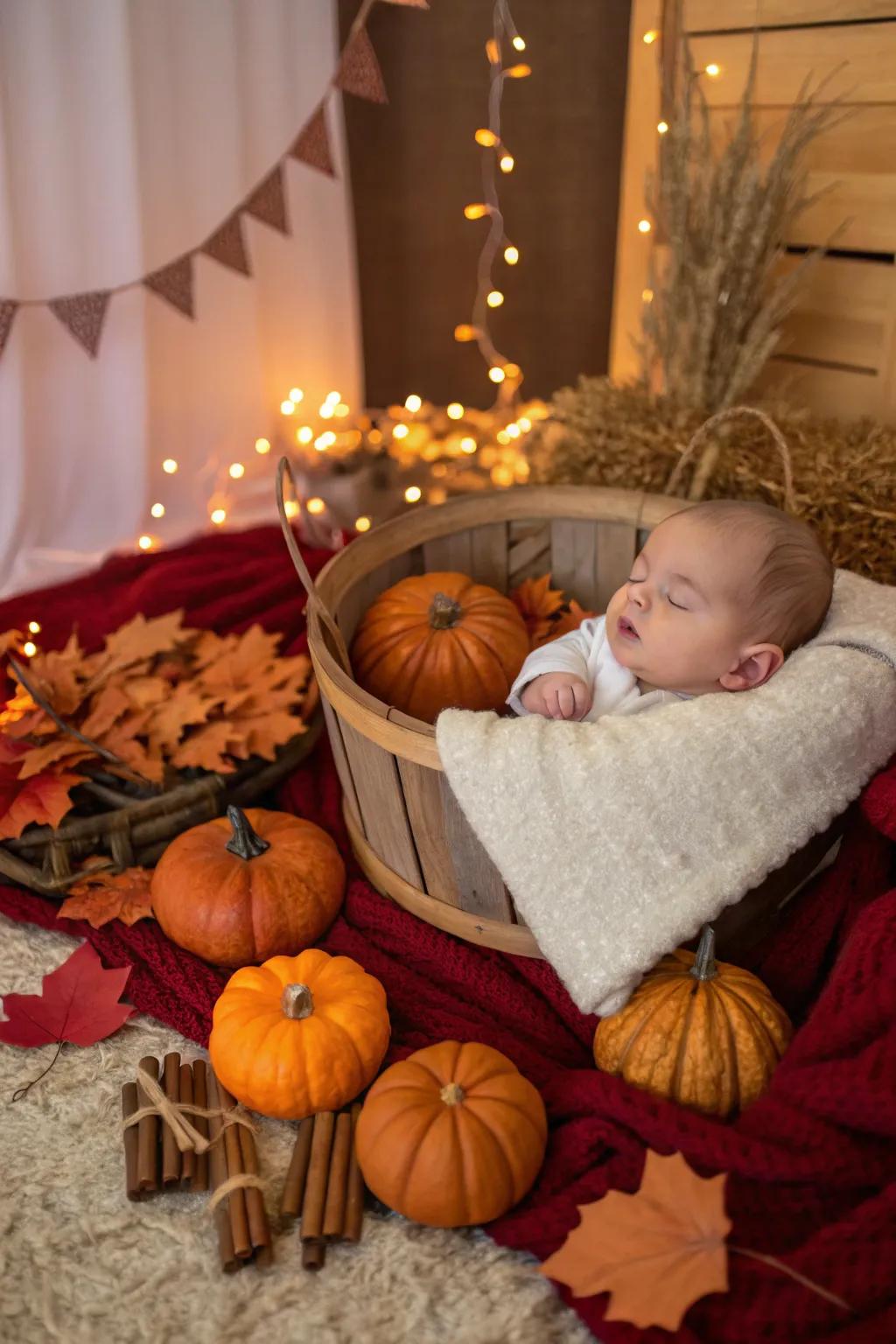 A cozy pumpkin spice setting for a warm newborn photo.