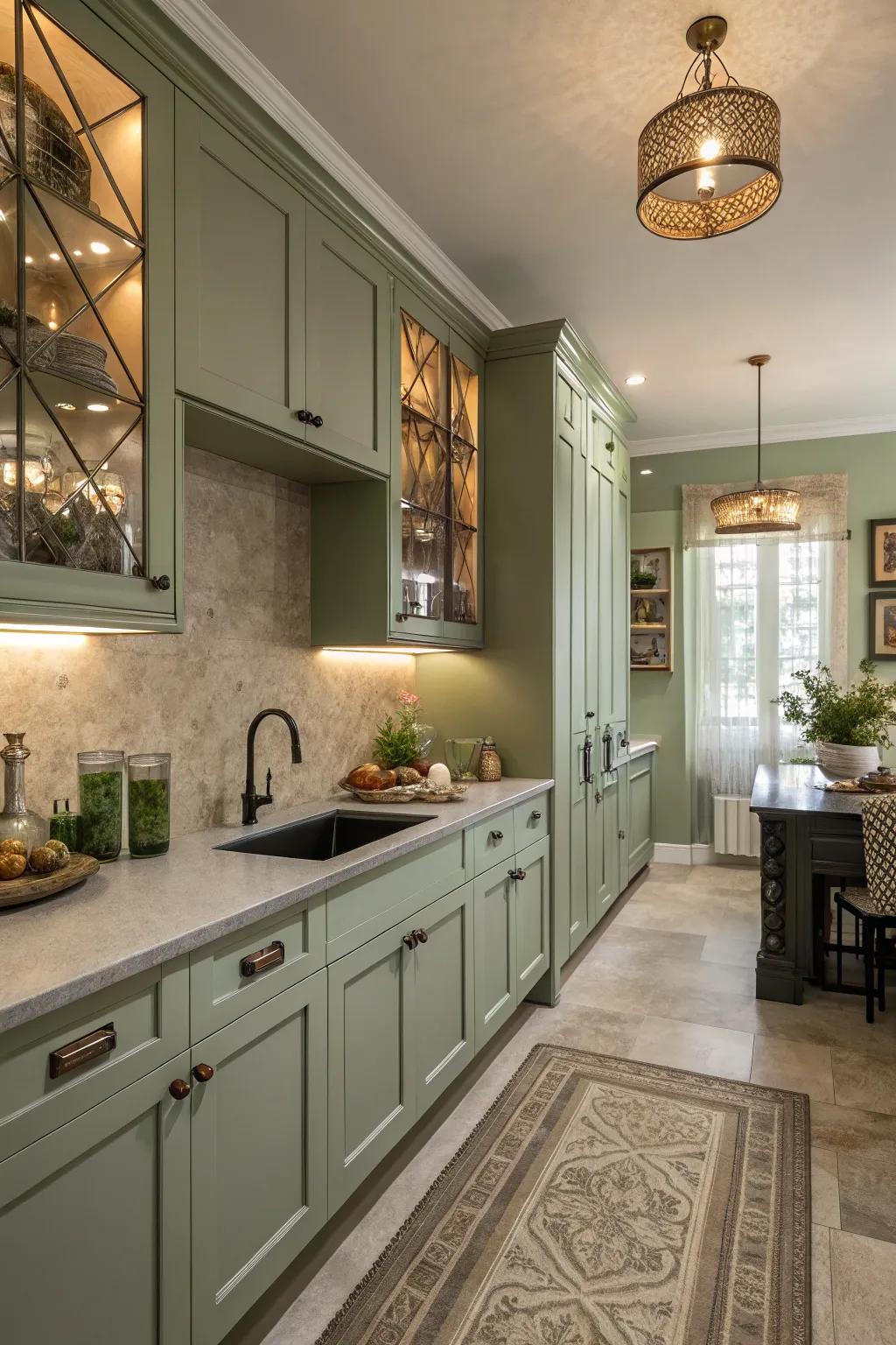 Sage green walls offer a sophisticated and calming kitchen atmosphere.