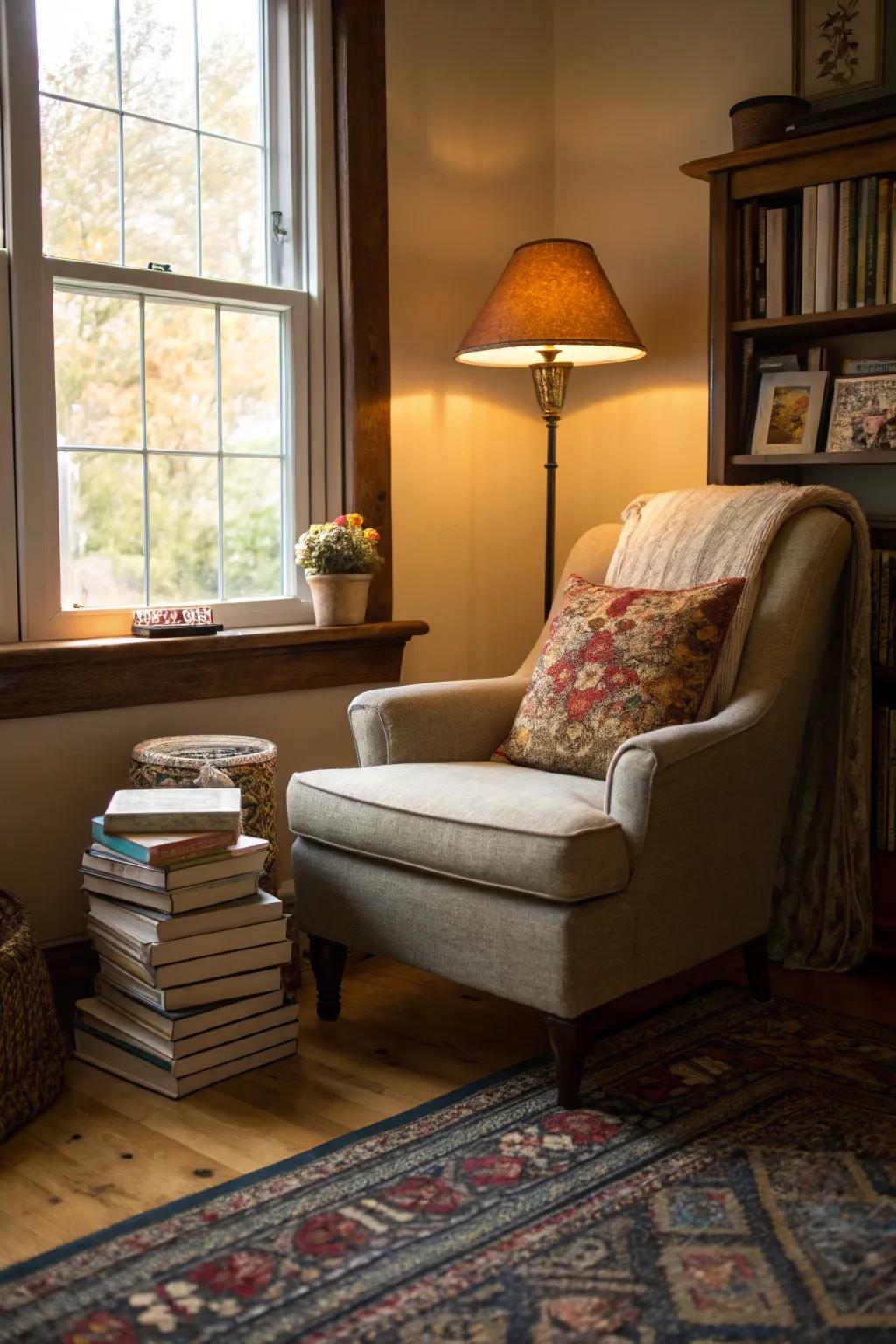 A cozy reading nook offering a special spot for bonding in a small room.