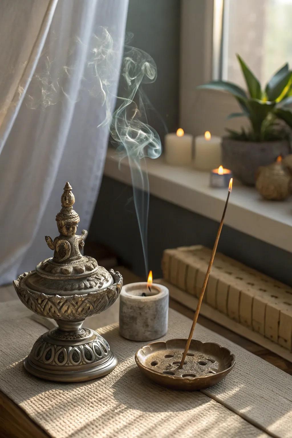 Pewter incense holders create a serene atmosphere.