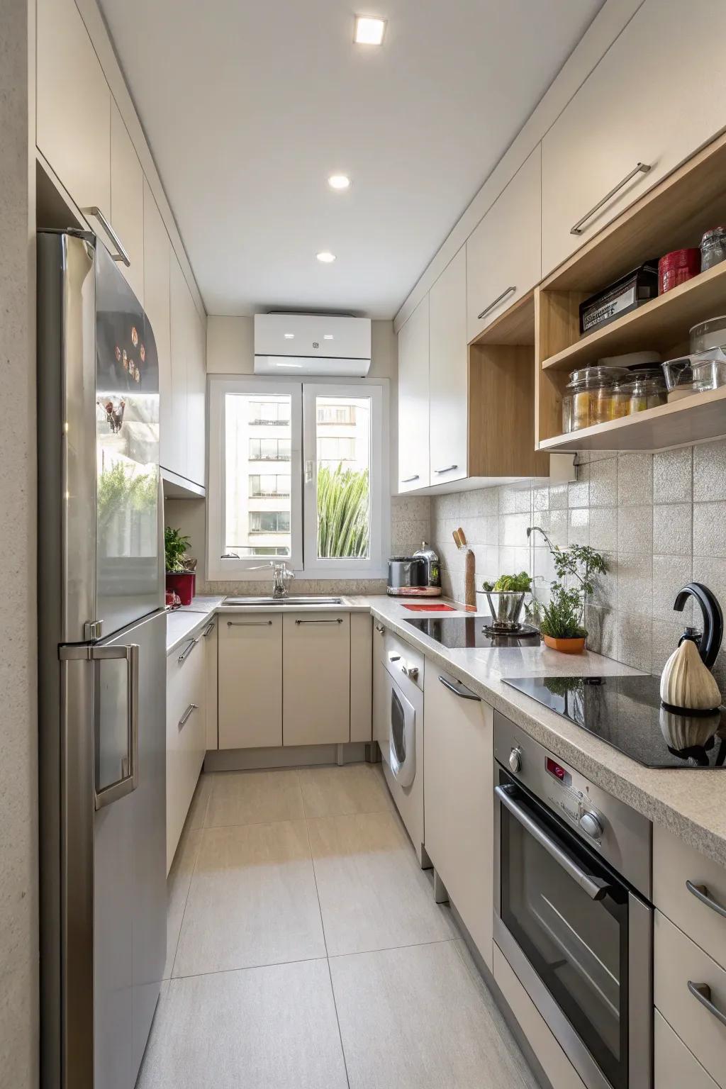 Integrated appliances in a small kitchen create a seamless and tidy look.