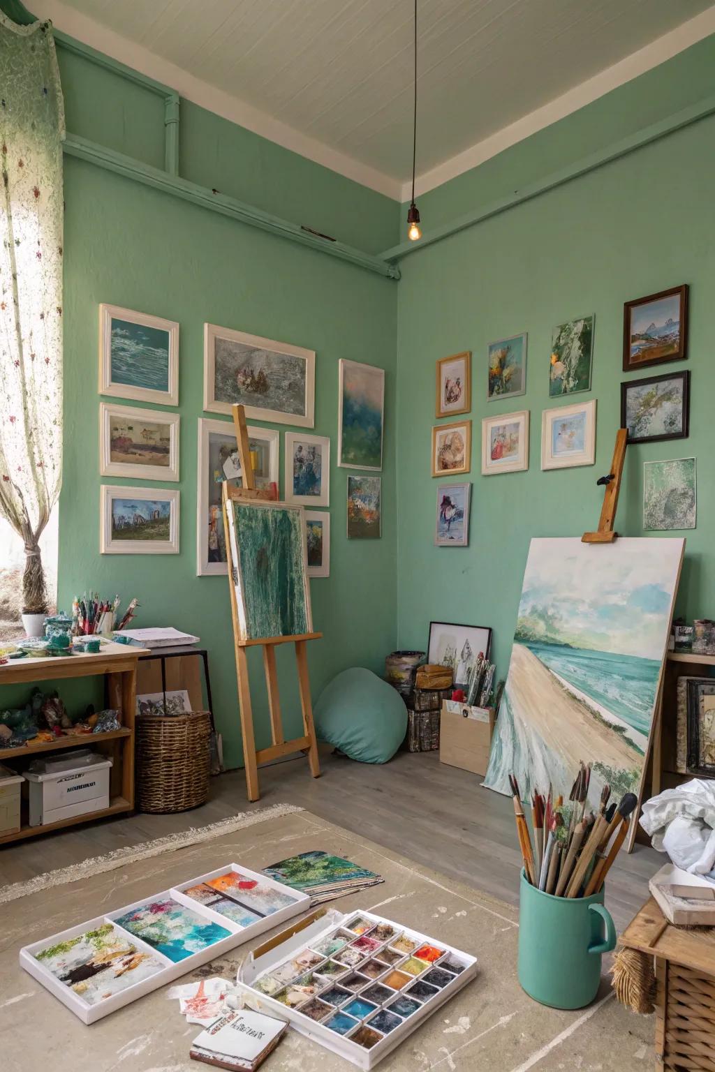 A vibrant creative haven with calming seafoam green walls.