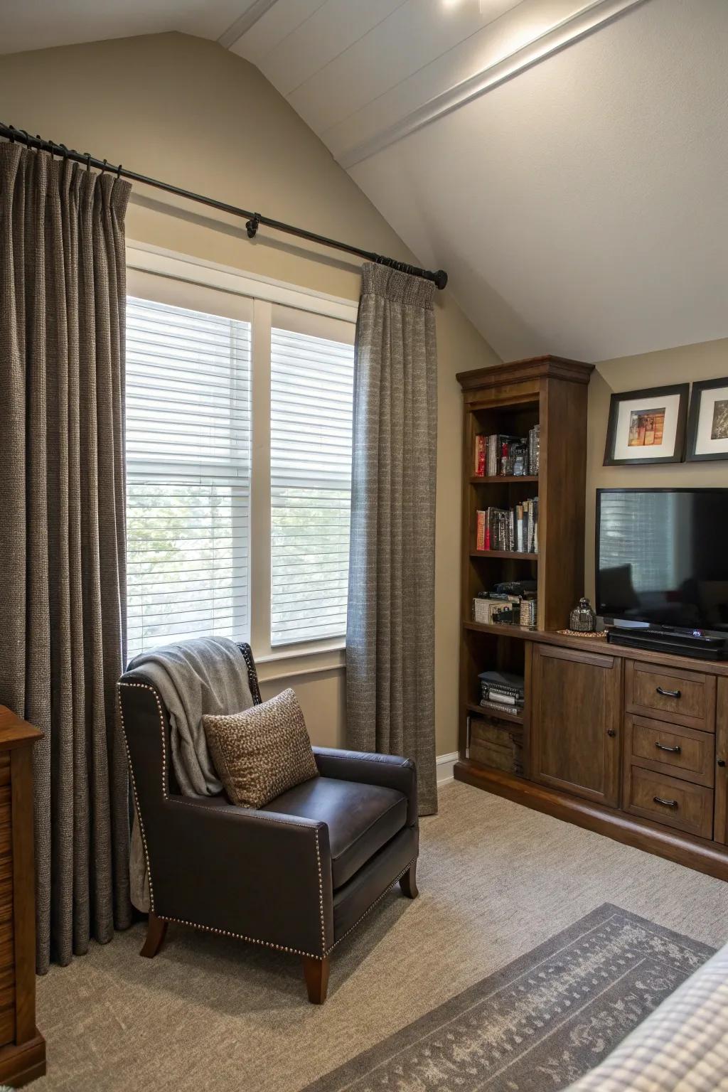 Sleek window treatments add style and control light in your man cave.