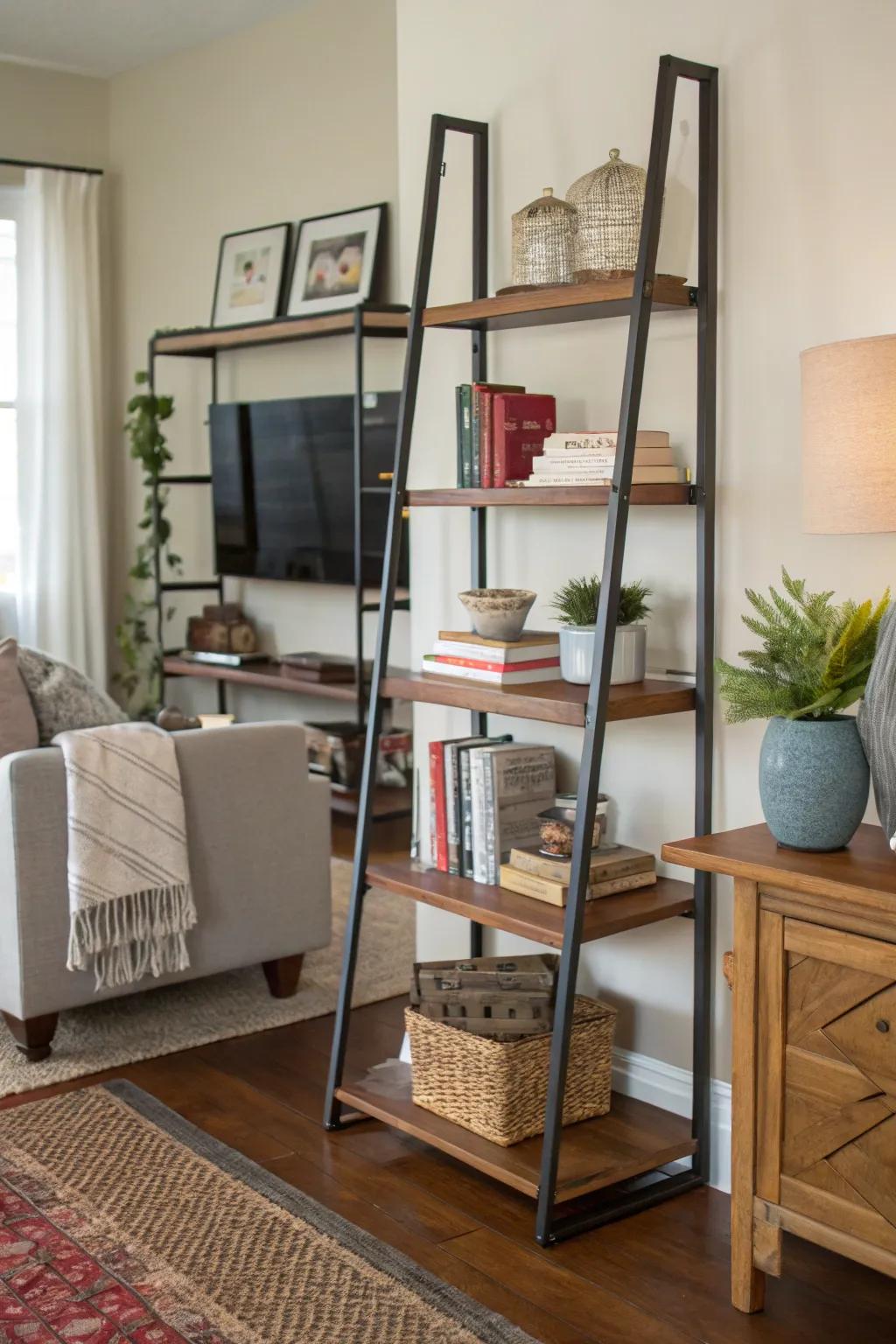 A ladder shelf that combines modern design with natural materials.