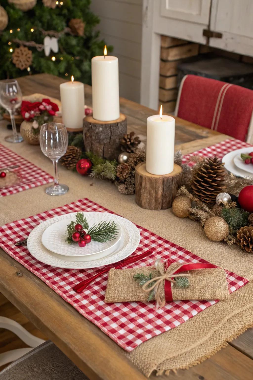 Burlap textures bring rustic chic elegance to the festive table.