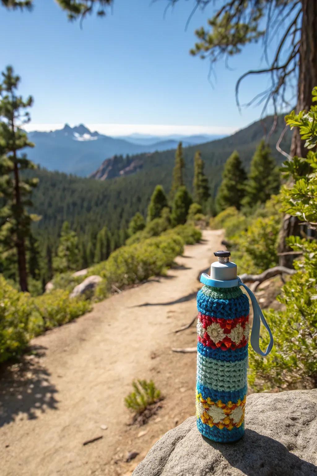 A durable crochet water bottle holder for outdoor activities.