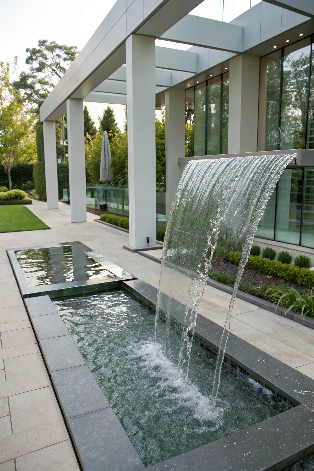 A glass cascade offers a modern twist on traditional water features.