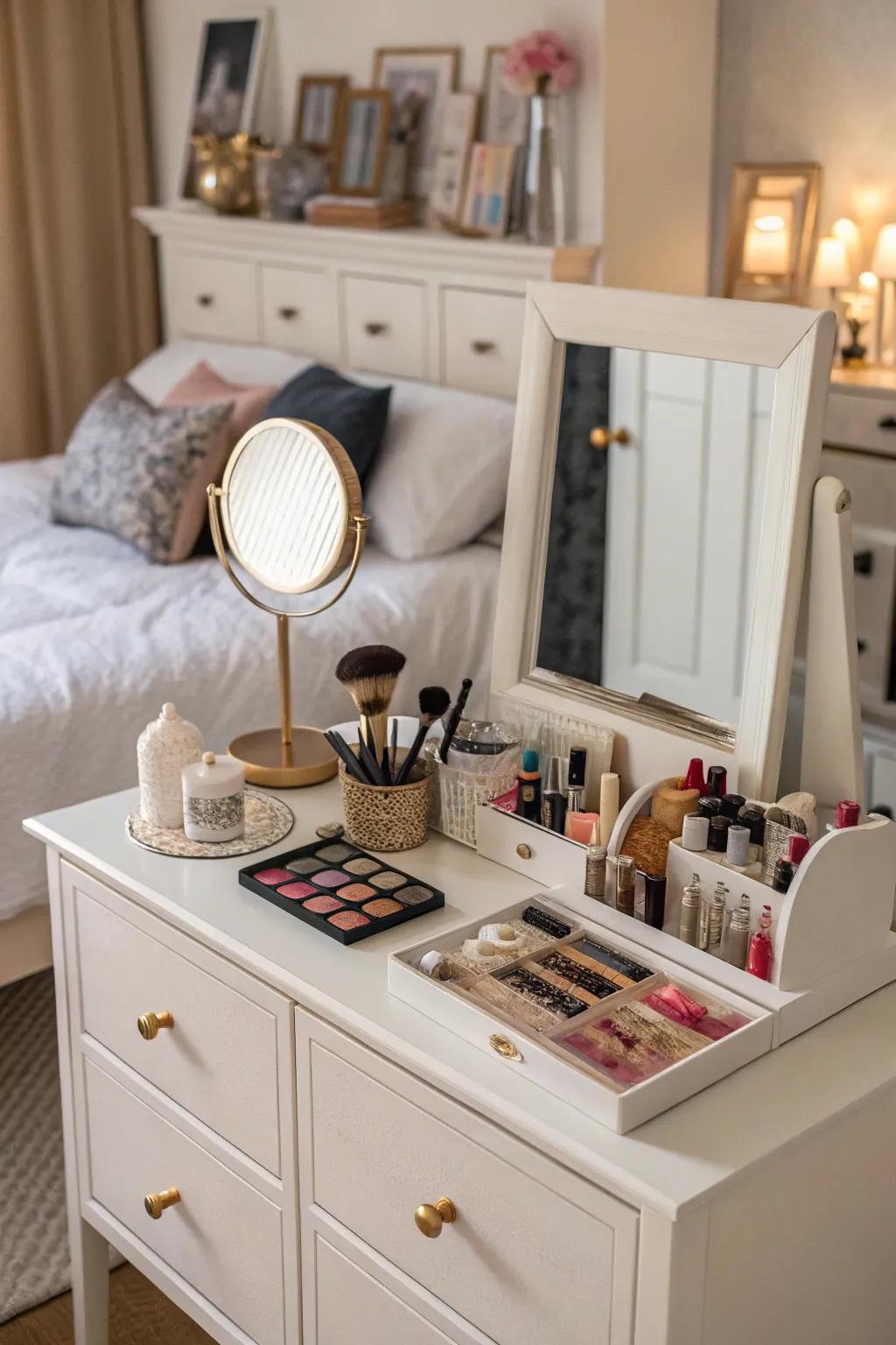 A dual-purpose dresser offers workspace or vanity functionality in small spaces.