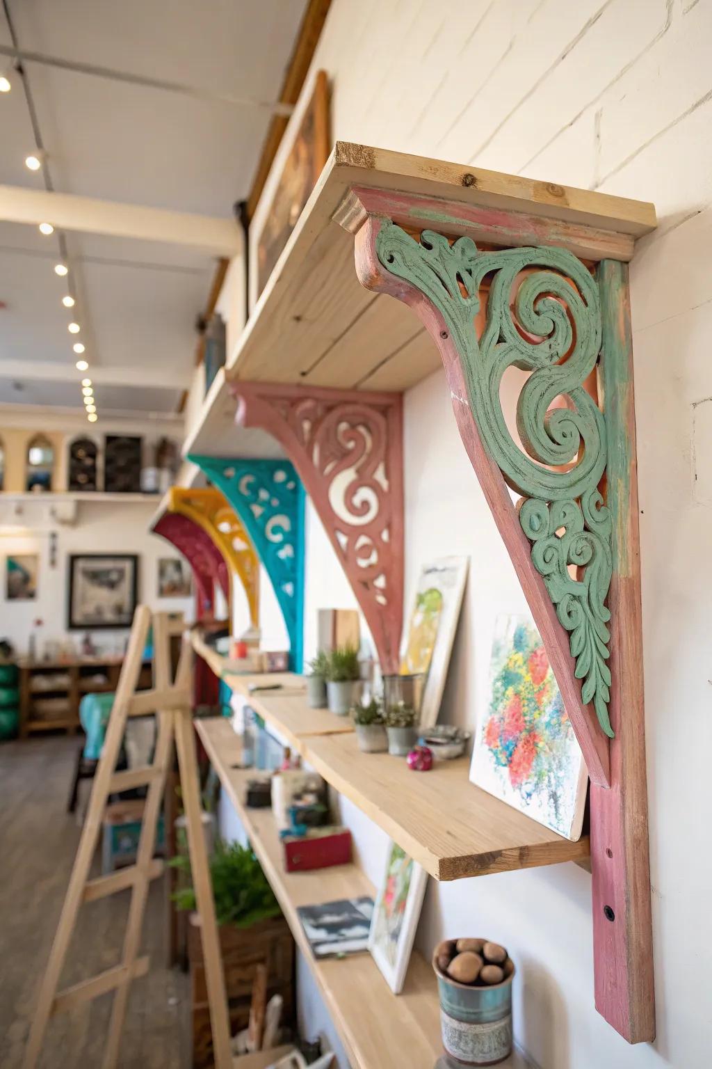 Uniquely painted wooden shelf brackets showcase artistic expression.