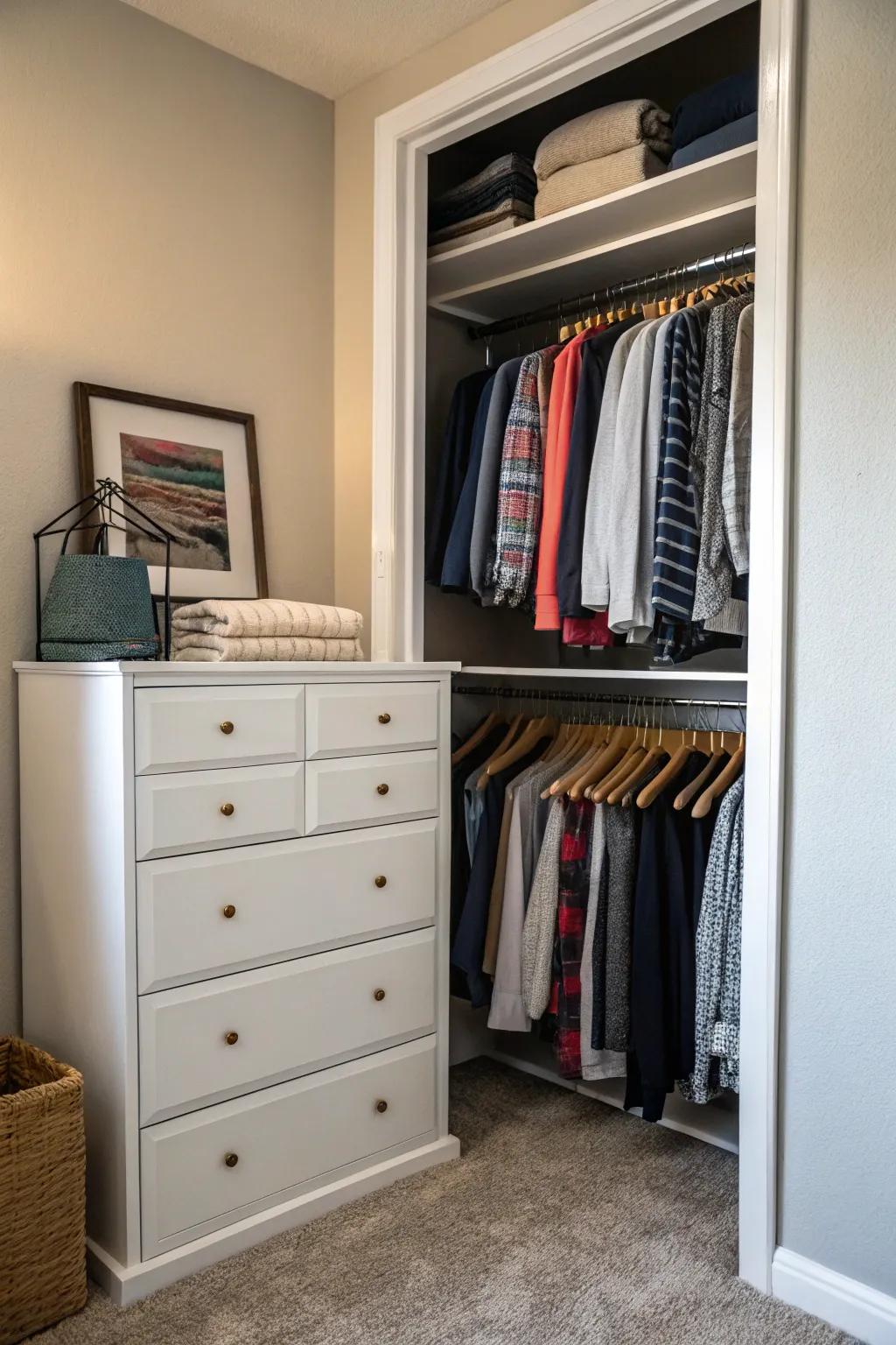 A mini dresser adds extra storage within a compact closet.