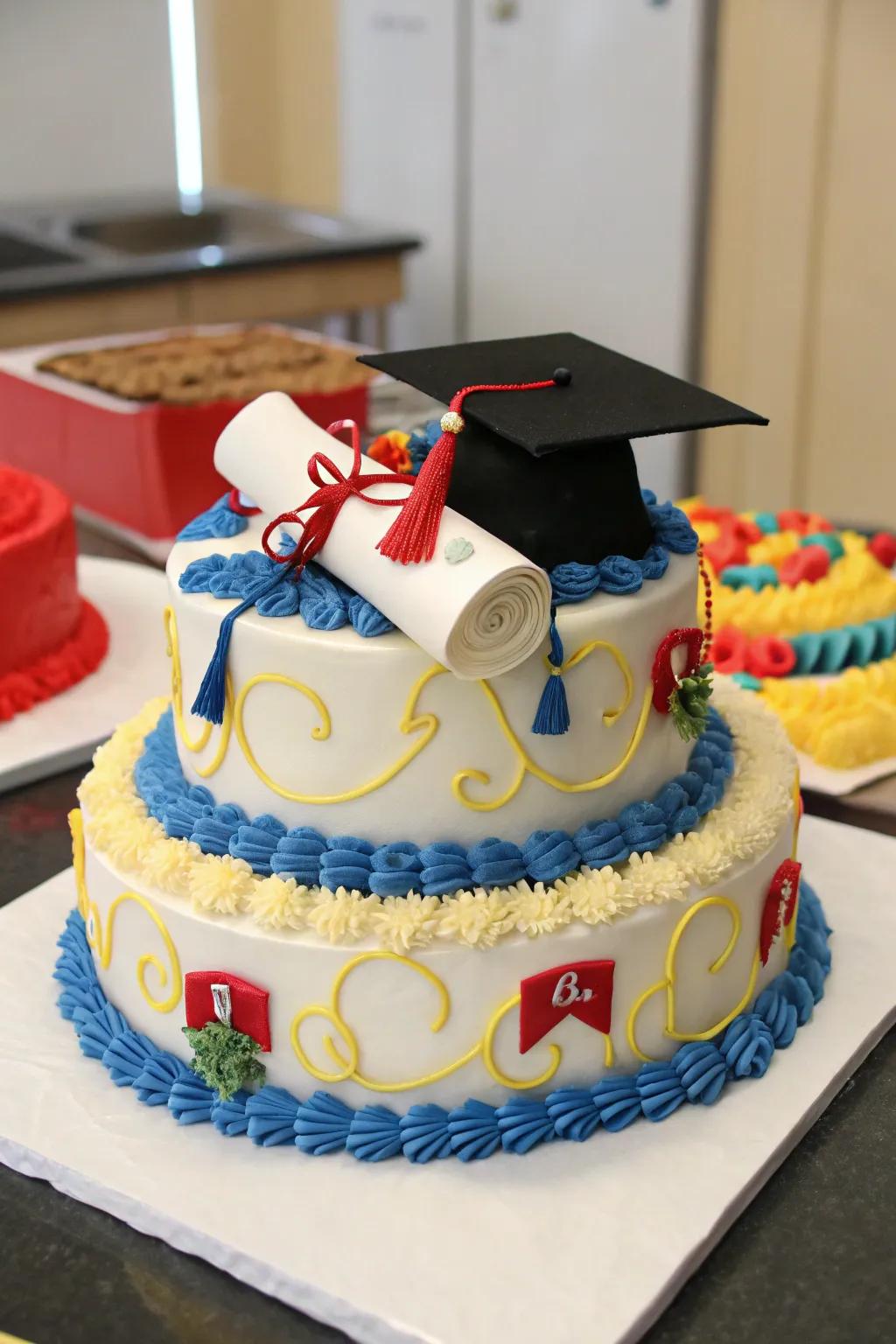 Delight guests with a beautifully themed graduation cake.