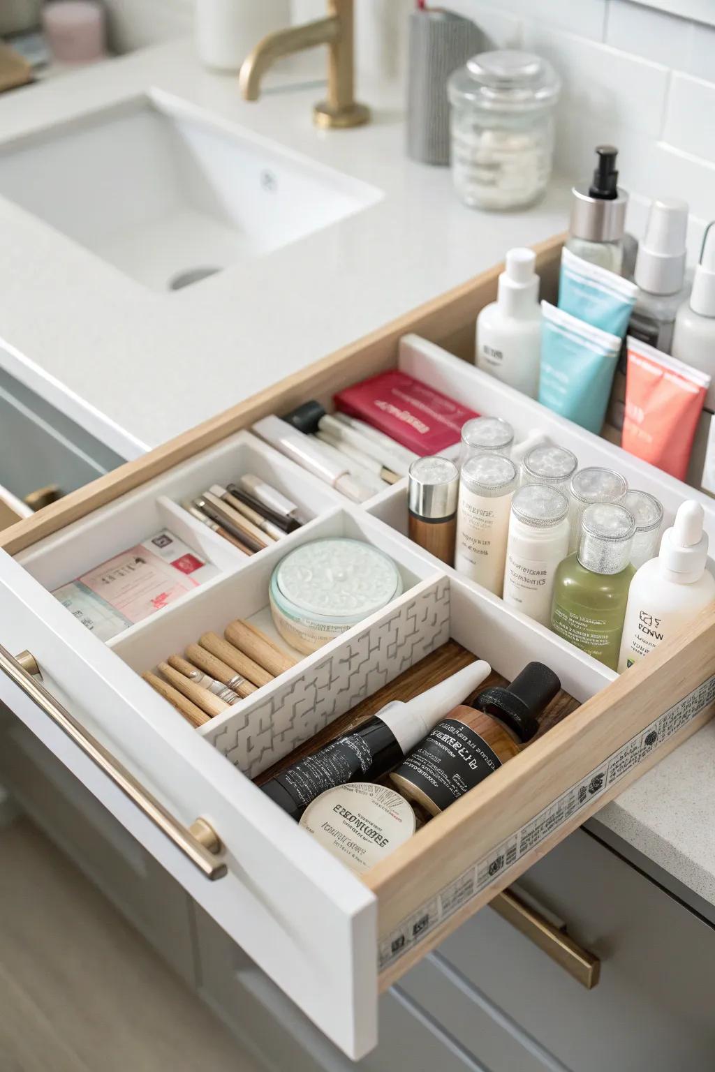 A personalized bathroom drawer featuring customized organization solutions tailored to individual needs.