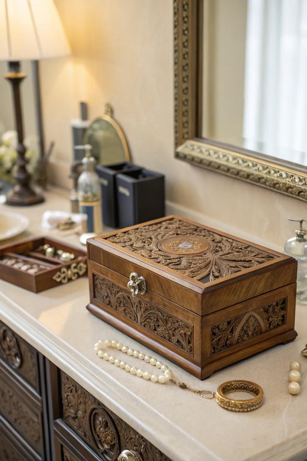 A handcrafted jewelry box adds elegance and organization.