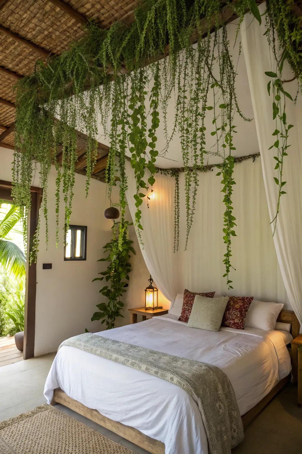 A green canopy above your bed transforms the bedroom into a tranquil haven.