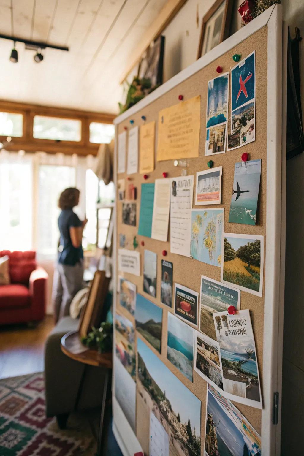 An inspiration board featuring travel memorabilia such as tickets and photos from various trips.